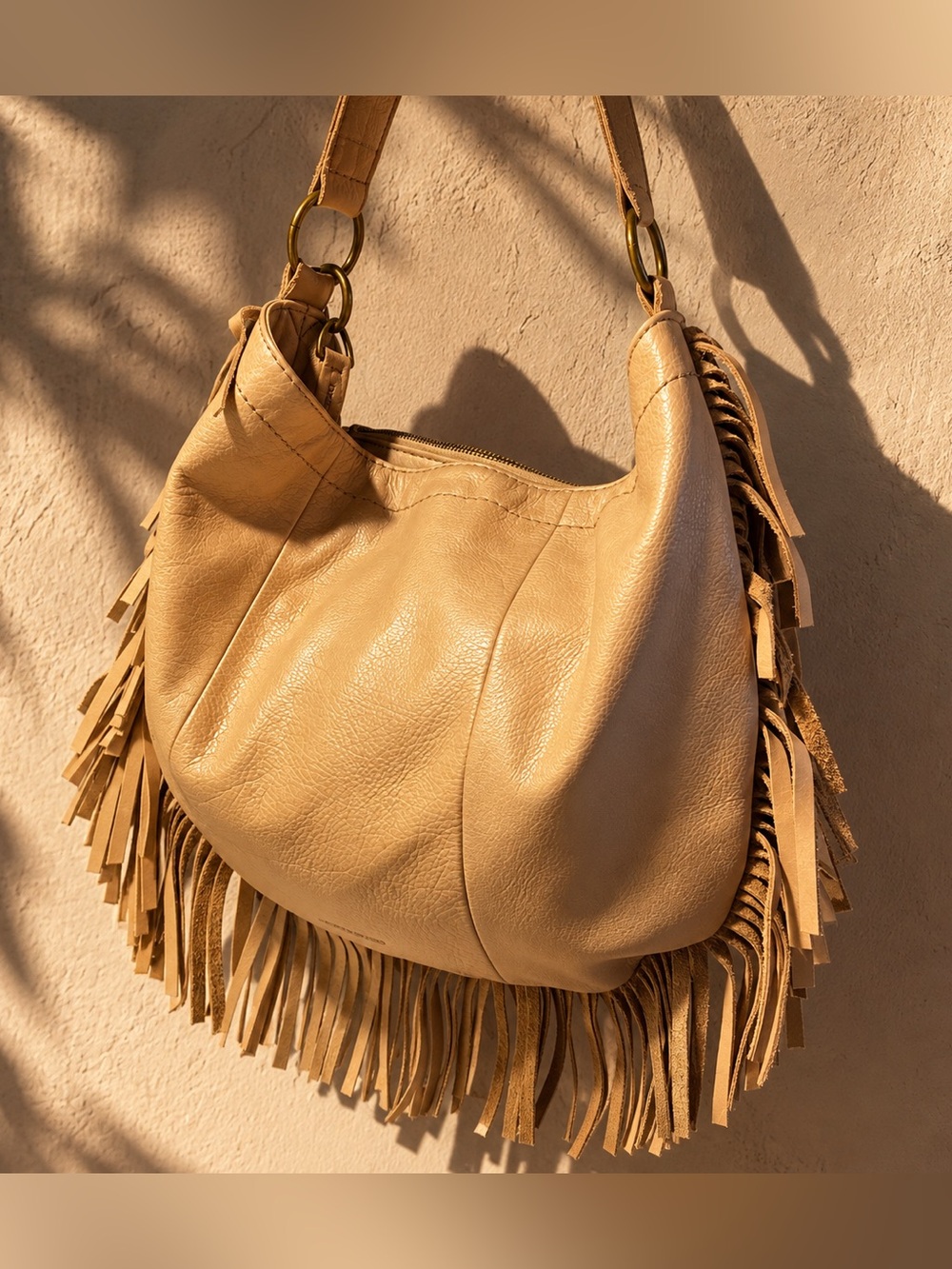 LUCKY BRAND tan fringe hobo large bag leather